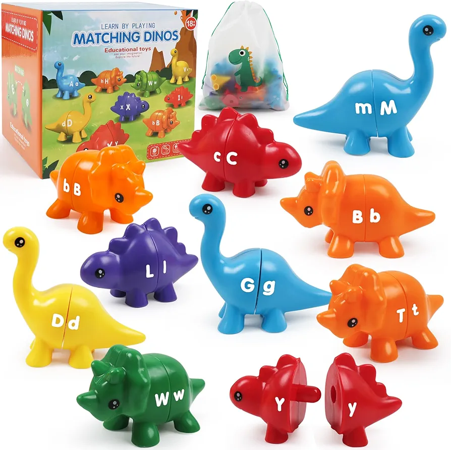 Alphabet Dinosaurs Matching Letters Toy, 26 PCS Double-Sided ABC Dinosaur with Uppercase Lowercase, Match and Snap Fine Motor Game Preschool Learning Toys Gifts for Ages 18+ Months