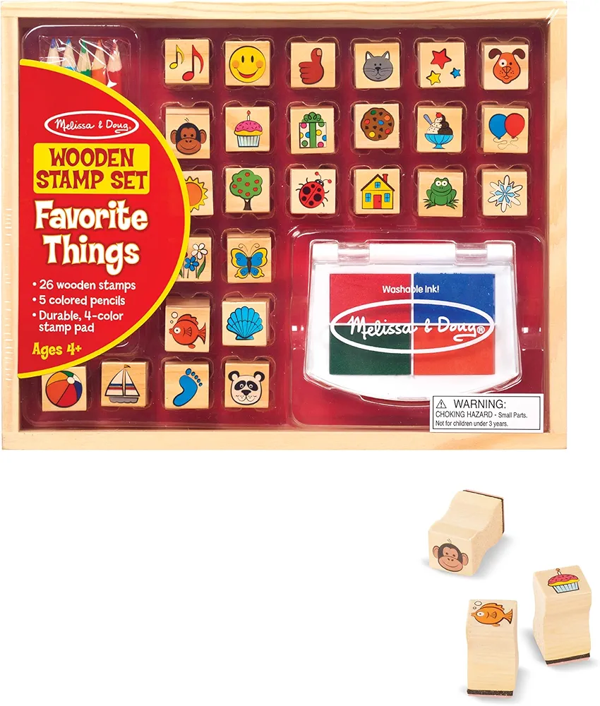 Melissa & Doug Wooden Stamp Set, Favorite Things - 26 Stamps, 4-Color Stamp Pad With Washable Ink For Art Projects For Kids Ages 4+