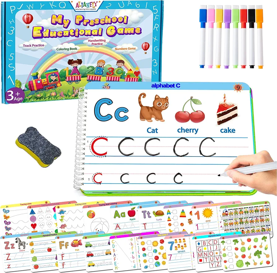 Montessori Preschool Learning Tracing Workbook - Toddler Alphabet and Numbers Handwriting Practice Busy Activity Book Dry Erase, Autism Materials Prek Educational Toy for Kids Age 3 4 5