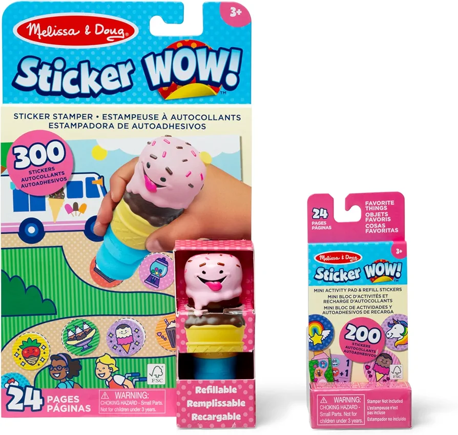 Melissa & Doug Sticker WOW!™ Ice Cream Bundle: 24-Page Activity Pad, Sticker Stamper, Mini Activity Pad, 500 Stickers, Arts and Crafts Fidget Toy Collectible Character