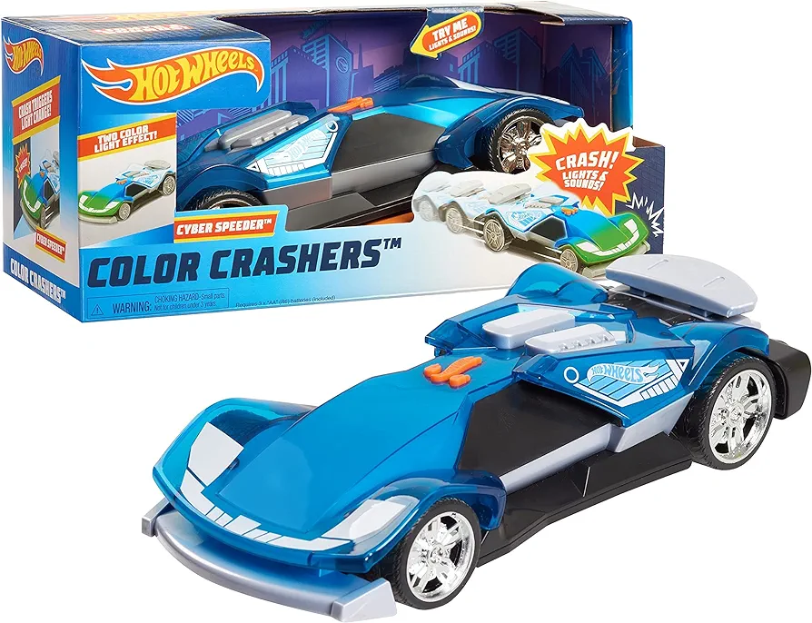 Hot Wheels Color Crashers Cyber Speeder, Motorized Toy Car with Lights & Sounds, Blue, Kids Toys for Ages 3 Up by Just Play