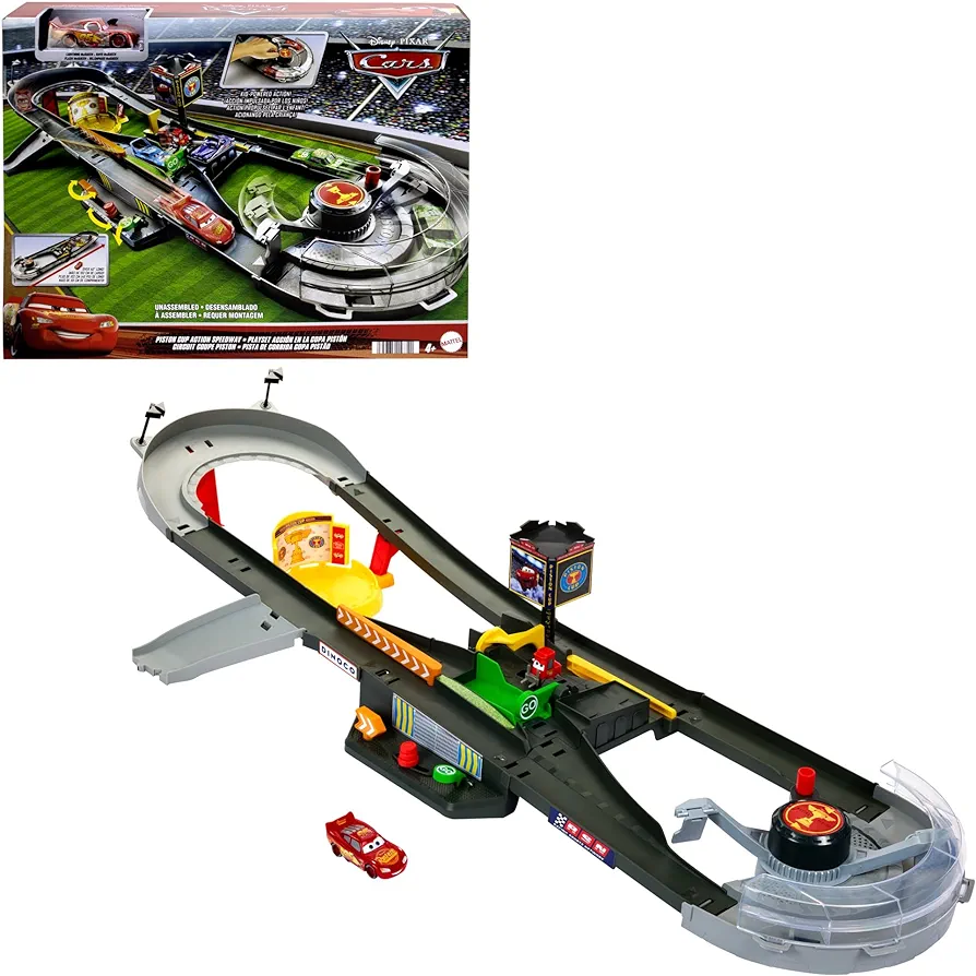 Mattel Disney and Pixar Cars Track Set, Piston Cup Action Speedway Playset with Lightning McQueen Toy Race Car, Wind-Up Booster