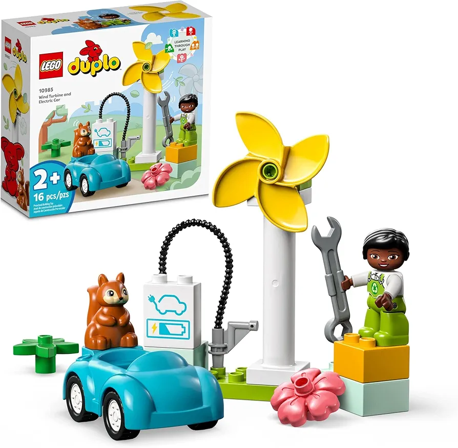 LEGO DUPLO Town Wind Turbine and Electric Car 10985 Early Development Building Toy, includes Charging Station for Pretend Play, Great Gift for Toddler Boys and Girls Ages 2 Years Old and Up