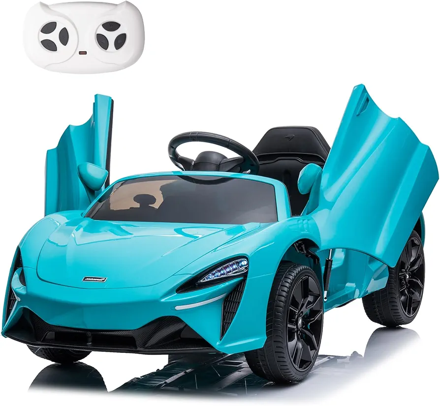 FINITO 24V Kids Ride on Car with 2.4G Remote Control, Battery Powered Electric Ride-on Toy Sports Car Electric Vehicle Hydraulic Double Doors, Safety Belt, LED Lights (Light Blue)