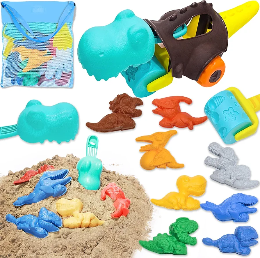 Beach Toys Set, Multi-function Dinosaur Beach Car, Sand Shovels & Dinosaur Sand Molds with Mesh Bag, Outdoor Travel Sand Toys with Wheels for Kids Toddlers Boys Girls Age 3-10