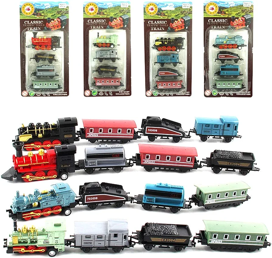 CORPER TOYS Mini Train Toy Die-Cast Pull Back Steam Train Model Set Assorted Styles for Kids Boys - 4 Packs (16 Pieces)