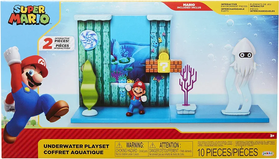 SUPER MARIO Underwater Playset with Interactive Enviromentpiece, 2.5" Articulated Mario Figure & Blooper Squid Figure - Collect & Create Your Mario World!