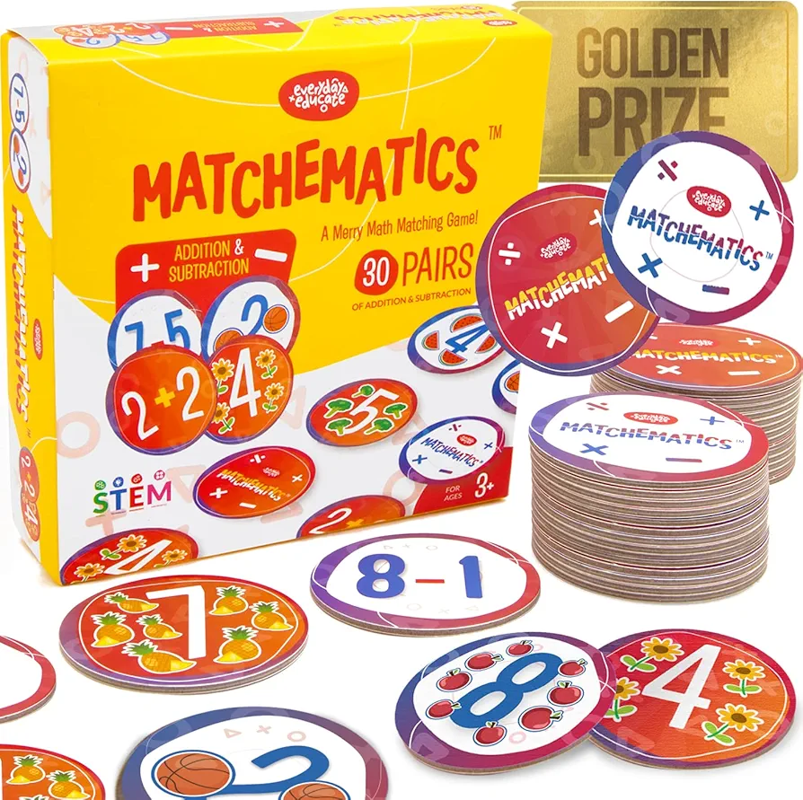 Fun Math Card Game - STEM Mathematics Addition and Subtraction Education - Helps to Teach Early Math Facts with 30 Matching Pairs Preschool Games & Gifts for Boys & Girls Ages 3 and Up