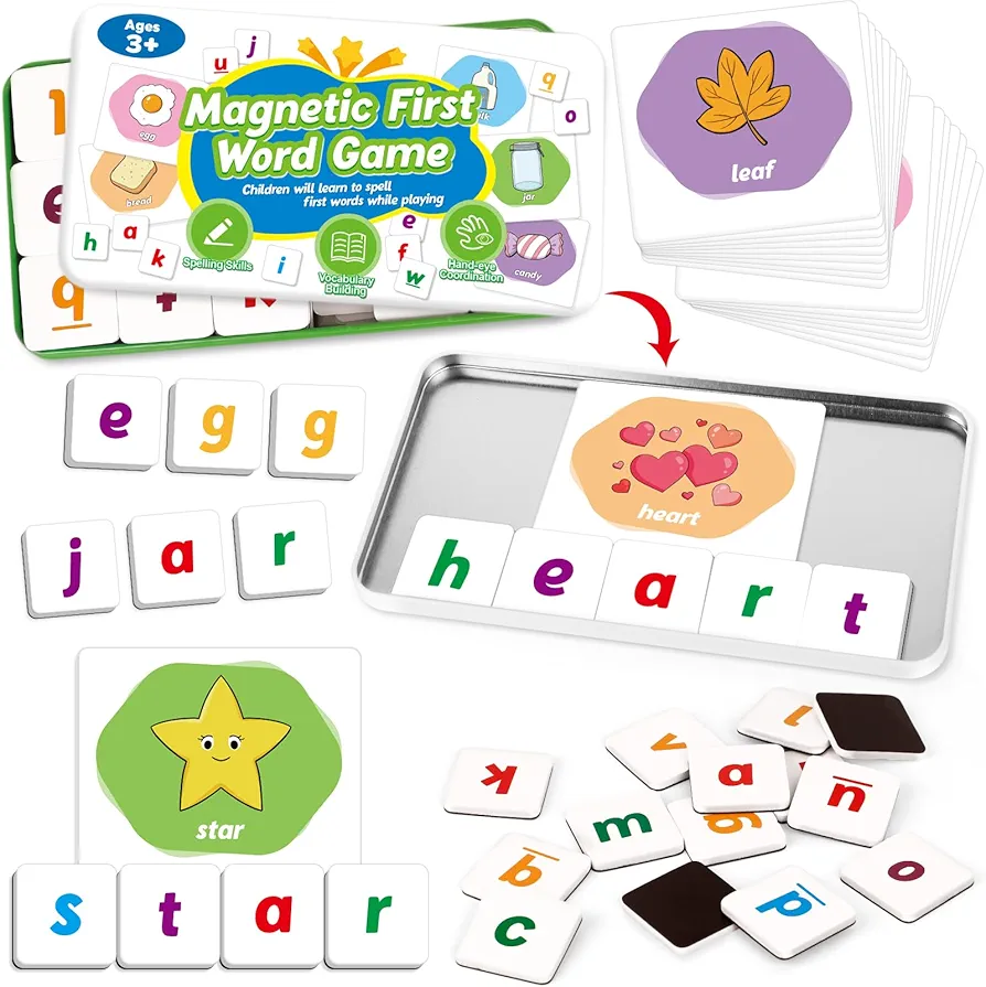 First Word Games,Magnetic Letters & Flash Cards,Phonics Games,Alphabet Learning Toys, Refrigerator Fridge ABC Magnets for Kids,Speech Therapy Toys for Toddler,Spelling for Preschool Classroom