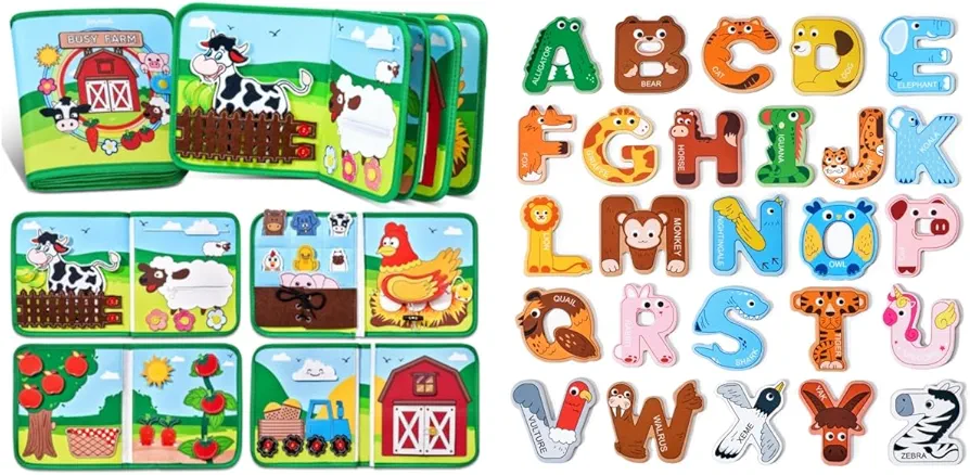 Farm Animal Busy Book for Toddlers Montessori Busy Board for 1 2 3 4 Year Old Boy Girl Birthday Gift + Magnetic Letters, Alphabet ABC Fridge Magnets, 26 Uppercase Refrigerator Magnets