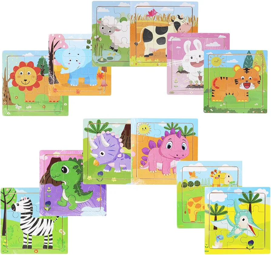 12 Pack Mini Wooden Animal Jigsaw Puzzles for Kids Ages 2 3 Toddlers 9 Pieces Preschool Educational Puzzles Learning Travel Jigsaw Puzzle Toys Gift for Boys and Girls