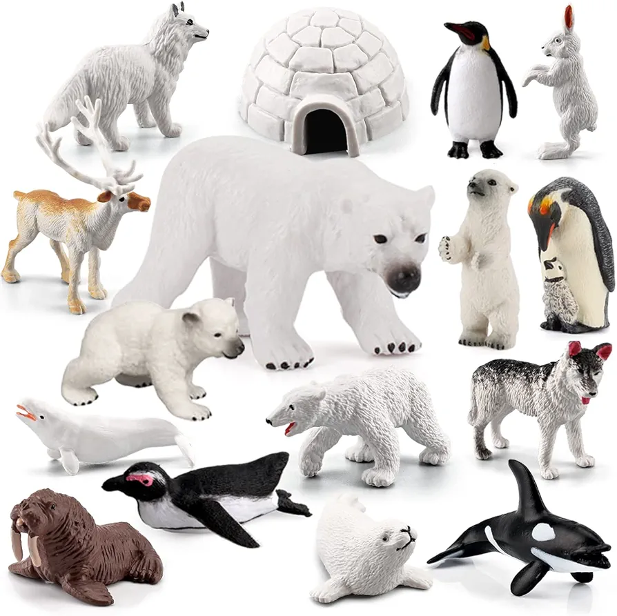 Arctic Animals Figurines Set 16PCS Christmas Toy Gift Polar Bear Figurine Arctic Fox Figure Penguin Figurines Snow Mold for Kids Toddlers Artic Animals Preschool Figures Educational Playset