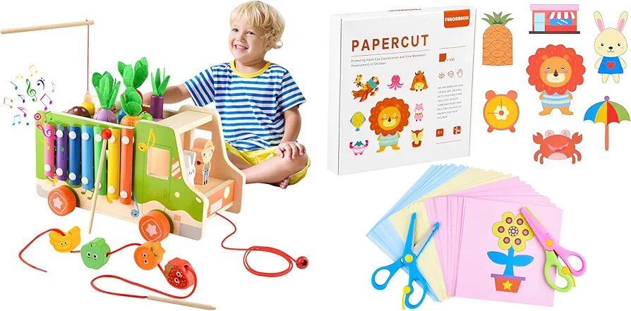 ASTARON 8 in 1 Montessori Wooden Toy Play Kits and 2 Kids Safety Scissors with 100 Pcs Paper Cutting, Hammering Pounding Toys Xylophone Fishing Game for Toddler Preschool Learning Educational Toys