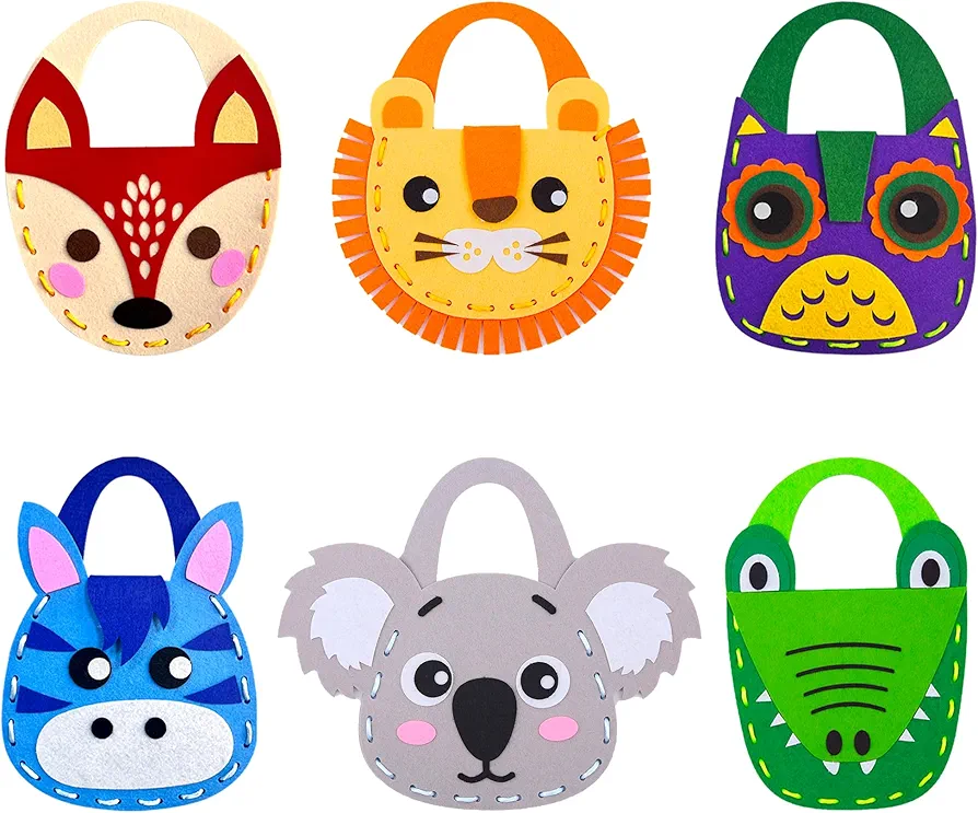 6Pcs Sewing Cards for Kids Ages 3-5 Lacing Crafts for Toddlers Learn to Sew Felt Animals Bags Purses Fine Motor Skills Toys Preschool Art Supplies (Jungle)