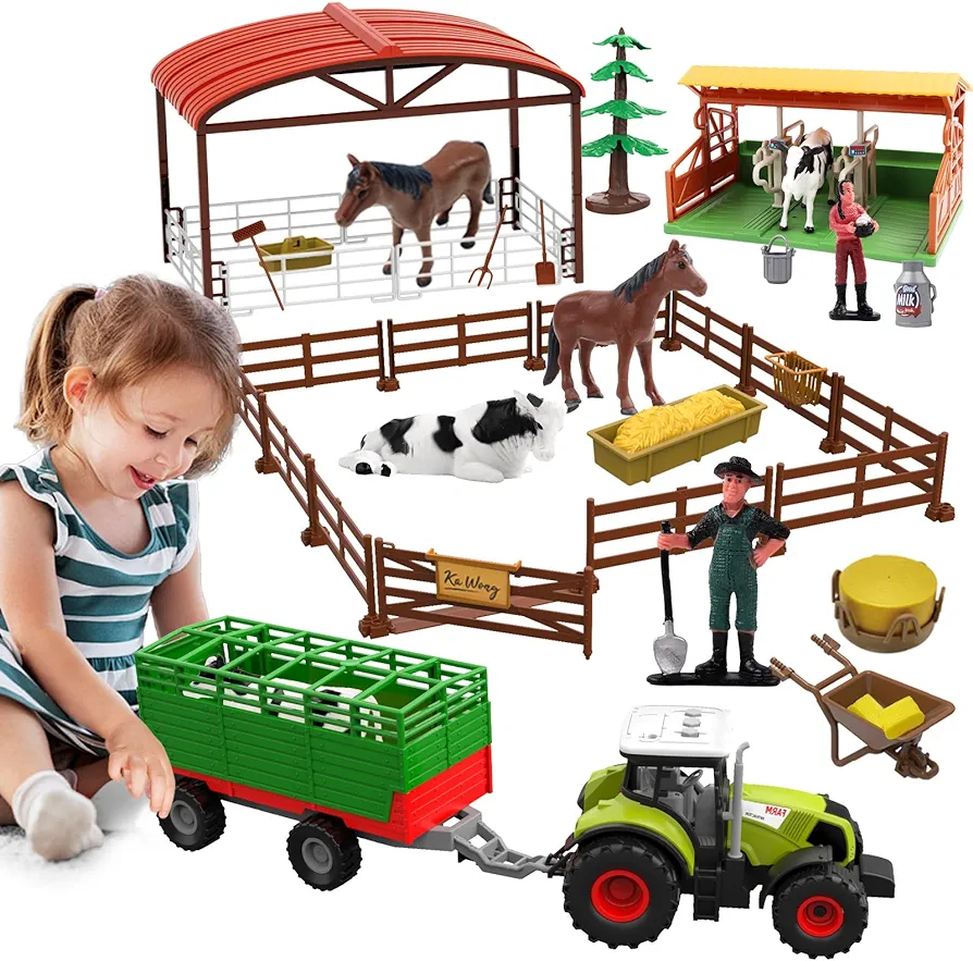 Dwi Dowellin Kids Tractor Toy Farm Playset,Toddlers Farm Vehicle Toys with Light&Sound,69 PCS Farm Toys Set with Farm Animals Fences Farmers for Kids 3-12 Years Old Boys Girls Birthday Gift