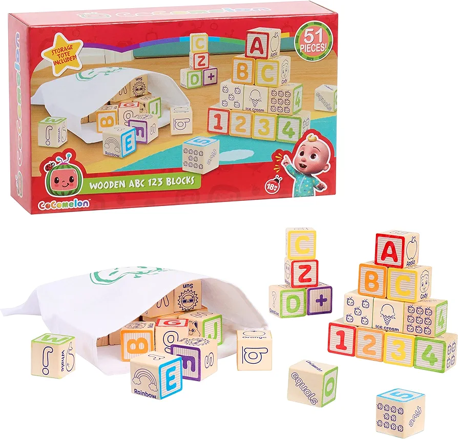 CoComelon 51-Piece Classic ABC Wooden Block Set, Preschool Building Toys, Learning and Education, Officially Licensed Kids Toys for Ages 18 Month, Amazon Exclusive