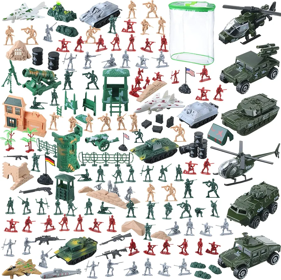 606 Plastic Army Men Toys Including 300 Pcs Toy Soldiers 300 Pcs Army Toys 6 Pcs Assorted Tank Helicopter Panzer Car Military Vehicles, Mini Army Guys Military Figures Set for Little Teens