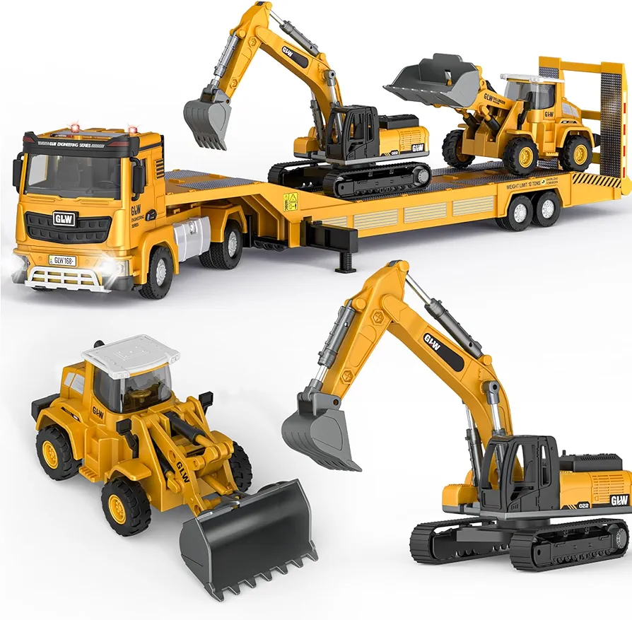 Kids Toys for 3 4 5 6 7 Years Old Boys, Die-cast Construction Toys Set w/Semi Truck, Excavator, Bulldozer, Alloy Engineering Construction Vehicles Truck Toys w/Lights & Sounds, Model Cars