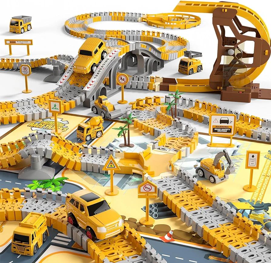 iHaHa 302 PCS Construction Race Tracks Boys Toys with Play Mat 39.4"*56.7", Engineering Cars and Race Track Playset Create A Engineering Road Gifts Toys for 3 4 5 6 Year Old Boys Girls Kids