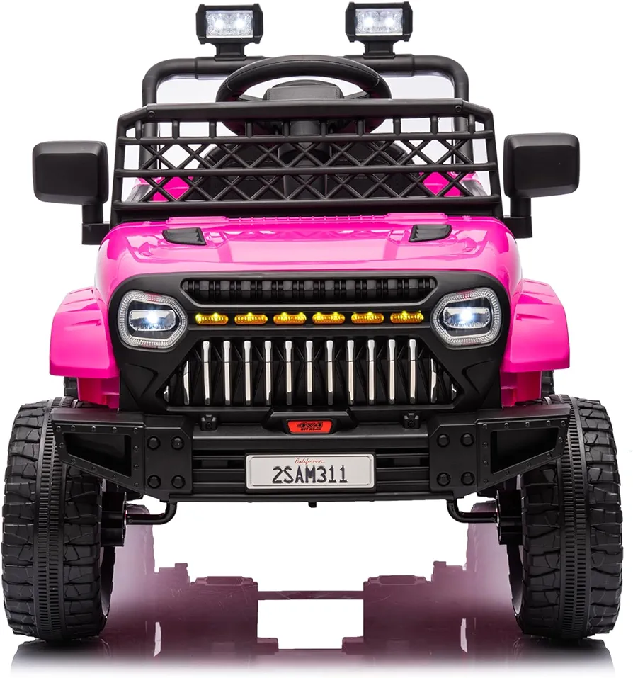 12V Ride On Car for Kids Electric Vehicle Toddles Battery Powered Truck Car Toy with Remote Control, 4-Wheel Suspension, Battery Display, LED Lights, Music, for Boys Girls, Rose Red