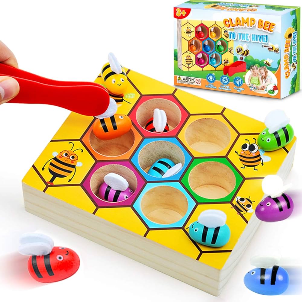 CozyBomB™ Toddler Fine Motor Skill Toy - Clamp Bee to Hive Matching Game - Montessori Toy for 1 Year Old Wooden Color Sorting Puzzle Early Learning Preschool Educational Gift Toys for 2 3 4 Years Old