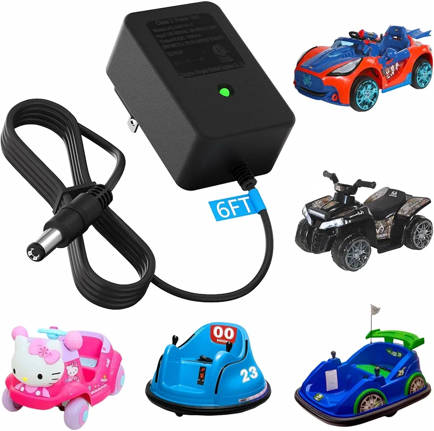 6V Charger Ride On Toys for Kidzone Bumper Car, Flybar, SpiderMan, Hello Kitty, Dynacraft, Best Choice Products, Sonic Ride, Benz Car 6 Volt Battery Power Adapter (Light, 6FT)