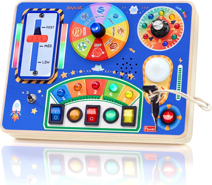 Busy Board with Led Light, Montessori Toys for 1 2 3 4 Year Old Boys and Girls, Wooden Sensory Toys, Light Switch Board for Toddlers Birthday (Blue)