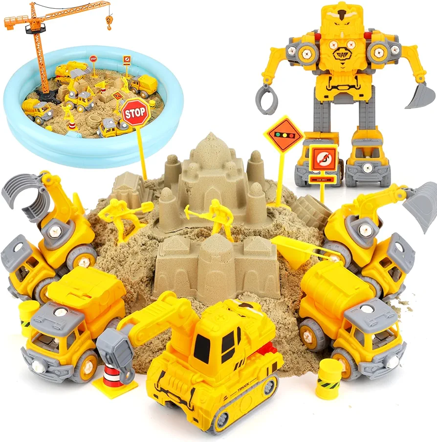 Play Sand Construction Kit, 5 in1 Assemblable Sand Construction Car Set, Sandbox Toys for Boys Girls with Small Construction Vehicles 2.2lbs Sand 28PCS Beach Building Castle Kit for Kid Age 4-8