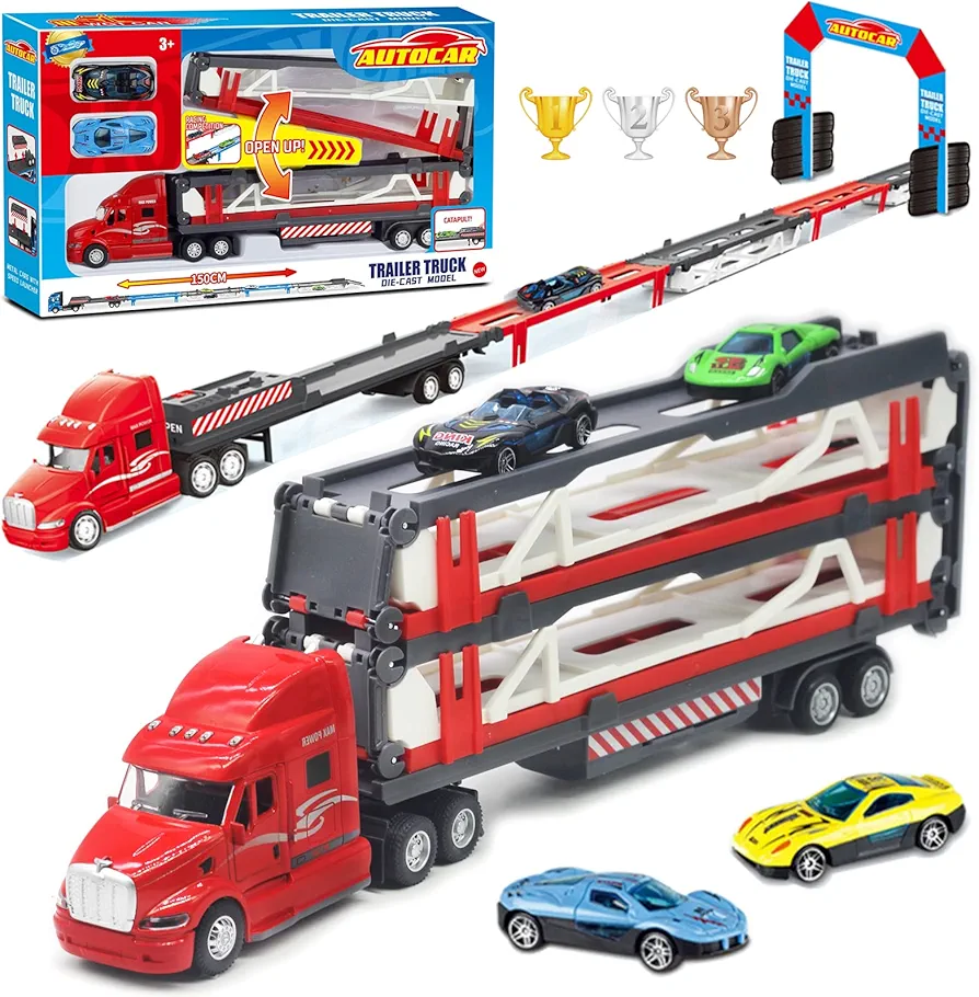 Car Transporter Truck Toy Set Mega Hauler Carrier Trucks with 59 Inch Ejection Race Track Storage Transporter Toy Truck with 2 Metal Race Cars for Kids Toddlers Boys Girls Age 3+ Birthday Gift