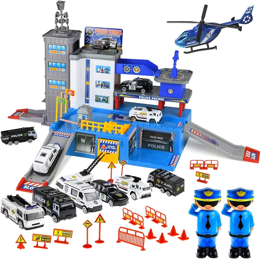 Toysical Police Car Toys for Boys - Cars Playsets - Police Toys with Track, Garage, 6 Police Car Toy Vehicles, 2 Police Men, 1 Helicopter - Best Gift for Boys 4, 5, 6 Year Old Kids