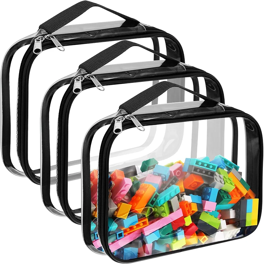 Sanwuta 3 Packs Toy Storage Bags with Zipper, Clear PVC Organizing Bags, Waterproof Toy Bags for Board Games, Building Blocks, Toys and Kids Books (Black,14.96 x 11 x 3.94 Inch)