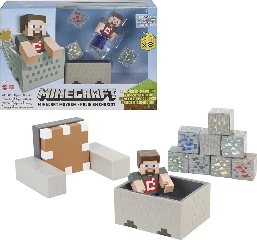 Minecraft Minecart Mayhem Playset With Steve Character Figure, Launching Cart And Accessories, Creation, Exploration And Survival Game For Kids Ages 6 Years And Older