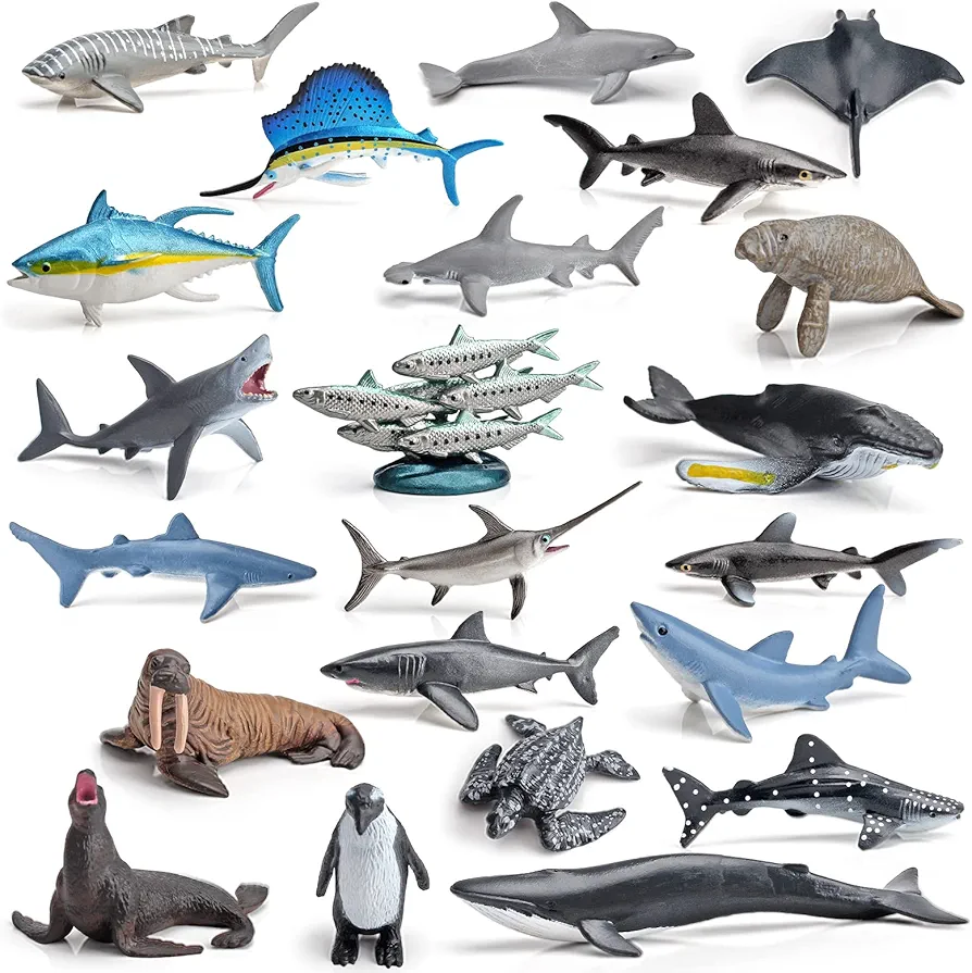 Sea Animal Model Ocean Creatures Playsets 22 PCS Mini Shark Whale Tuna Swordfish Sailfish Sardine Dolphin Manatee Sea Lion Walrus Action Figure Toys Party Gifts for Boys Girls Kids