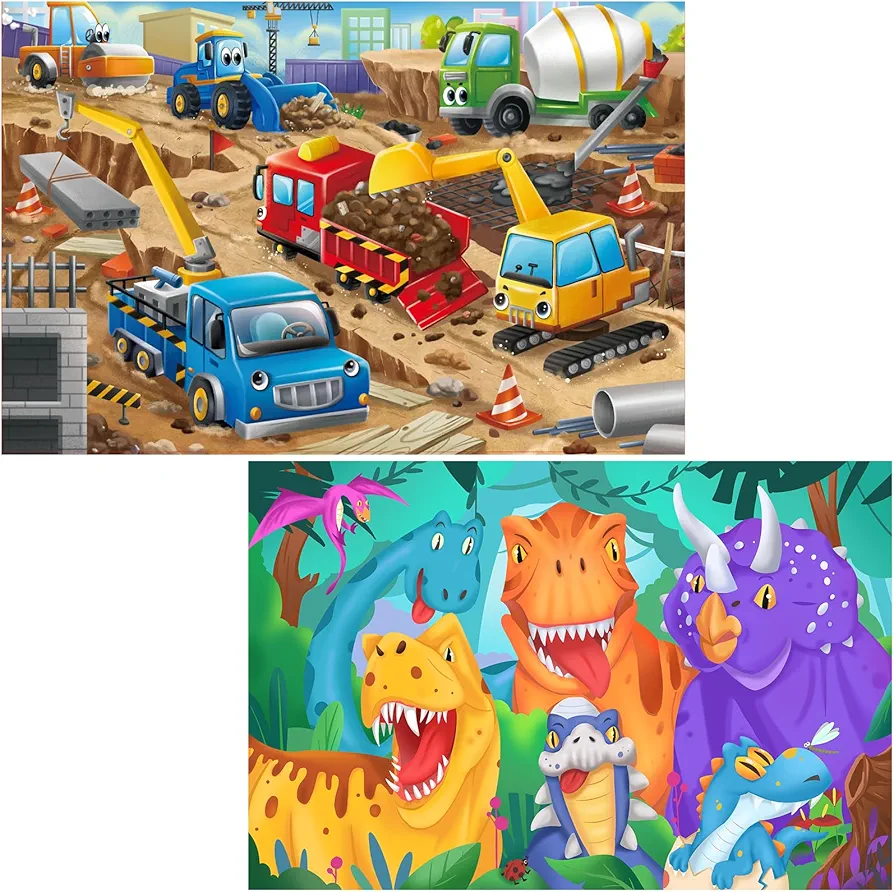 Jumbo Floor Puzzle for Kids Construction Site Dinosaur Jigsaw Large Puzzles 48 Piece Ages 3-6 for Toddler Children Learning Preschool Educational Intellectual Development Toys 4-8 Years Old Gift