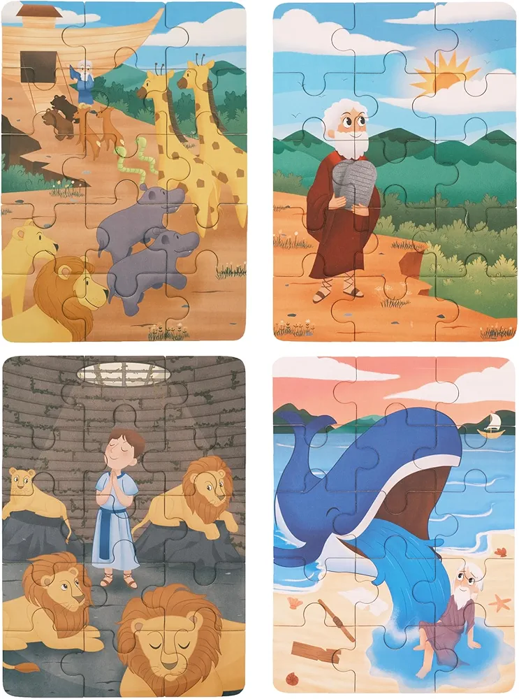 Bible Themed 4-in-1 Wooden Jigsaw Puzzles in Box (15 pcs Each) | Christian Bible Religious Toys for Kids | Easter Gifts for Kids (Old Testament)