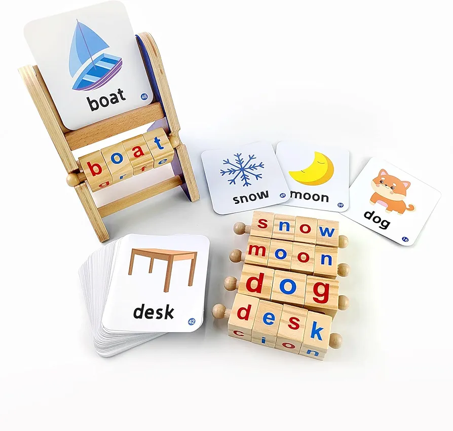 Wooden Reading Blocks Short Vowel Rods Spelling Games CVC Sight Words Game Montessori Preschool Educational Toys Flash Cards Turning Rotating Letter Puzzle for 3 4 5+ Year Old Kids