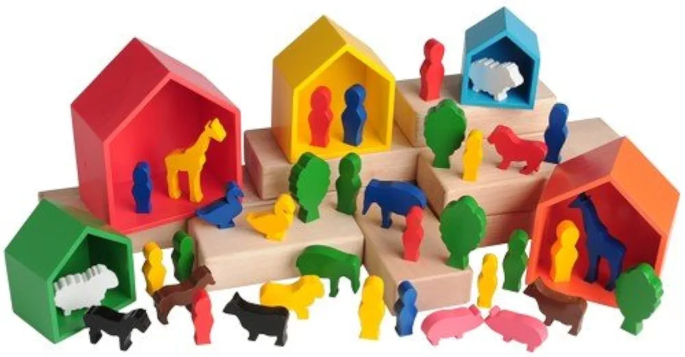 Constructive Playthings 41 pc. Wooden Nesting Houses and Figure Set Featuring 5 Houses and 36 Figures Each 1/2" Thick