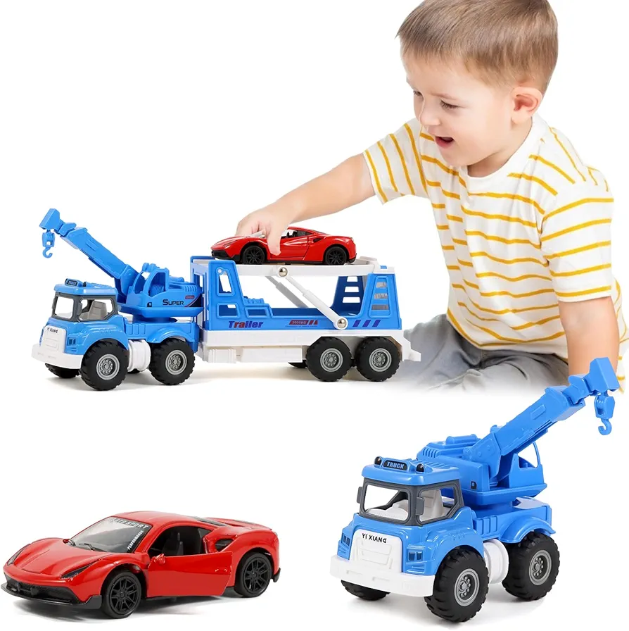 Tow Truck Toys Alloy Cab for 2 3 4 5 6 + Year Old Boys Kids Toddlers Girls with Alloy Toy Car, Kids Boy Toys Construction Toys Crane Toy Trucks for Toddlers 2-4 Years, Christmas Birthday Gifts