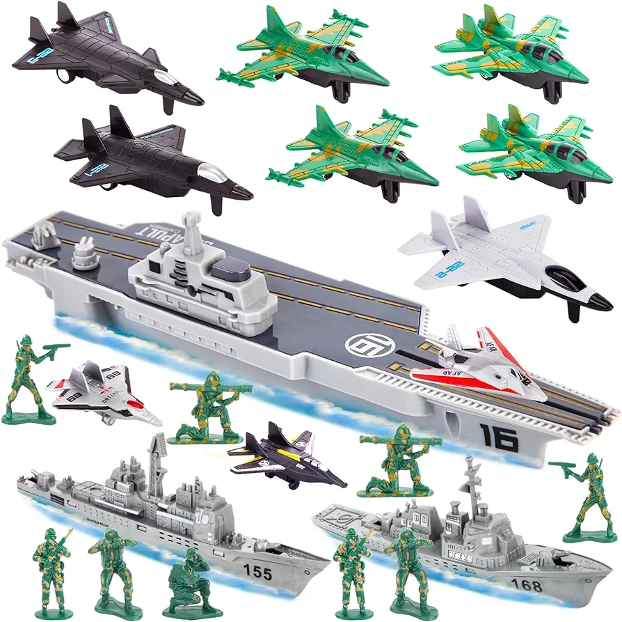 3 otters 27PCS Aircraft Carrier Toy Set, Army Men Military Set Battle Group Plastic Military Toy aircraft carrier Warplanes Battleship for Boys Kids Birthday Gift