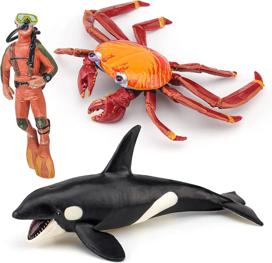 Ocean Sea Marine Animal Figure Toys Playsets 3 PCS Diver Killer Whale Sally Crab Model Toy Desktop Decoration Collection Party Favors Toys for Boys Girls Kids