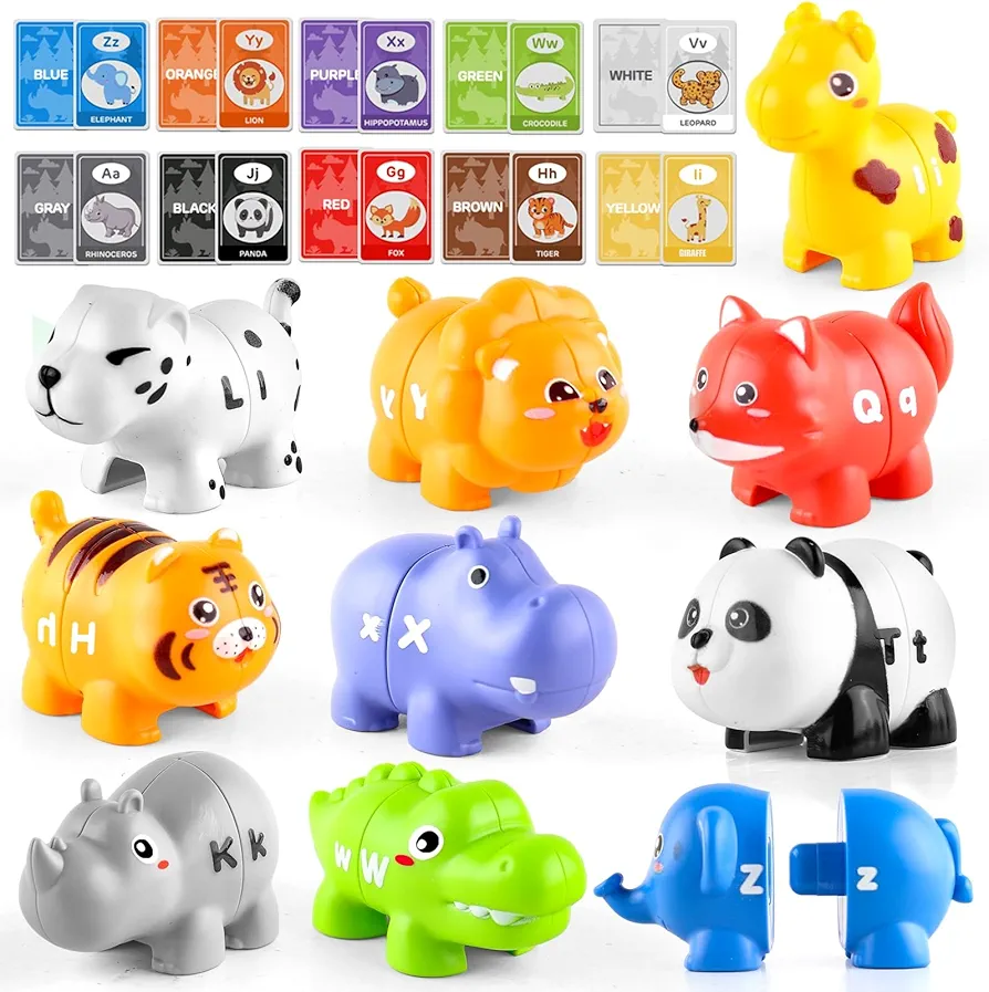 Animal Learning Toys for Toddlers - ABC Alphabet Matching Game with Uppercase Lowercase, 52 PCS Different Animal Figures with Learning Cards, Preschool Montessori Fine Motor Toy for Kid Boy Girl Gift