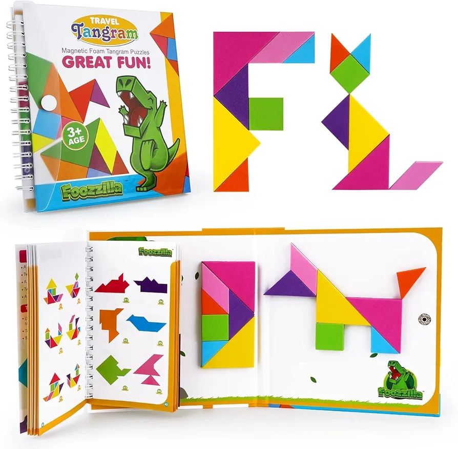 FOOZZILLA Magnetic Tangram Puzzle Set - 2 Sets of Magnetic Pattern Blocks for Road Trip Games and Educational Jigsaw Challenges - Brain-Teasing Fun for Kids and Adults with 368 Solutions