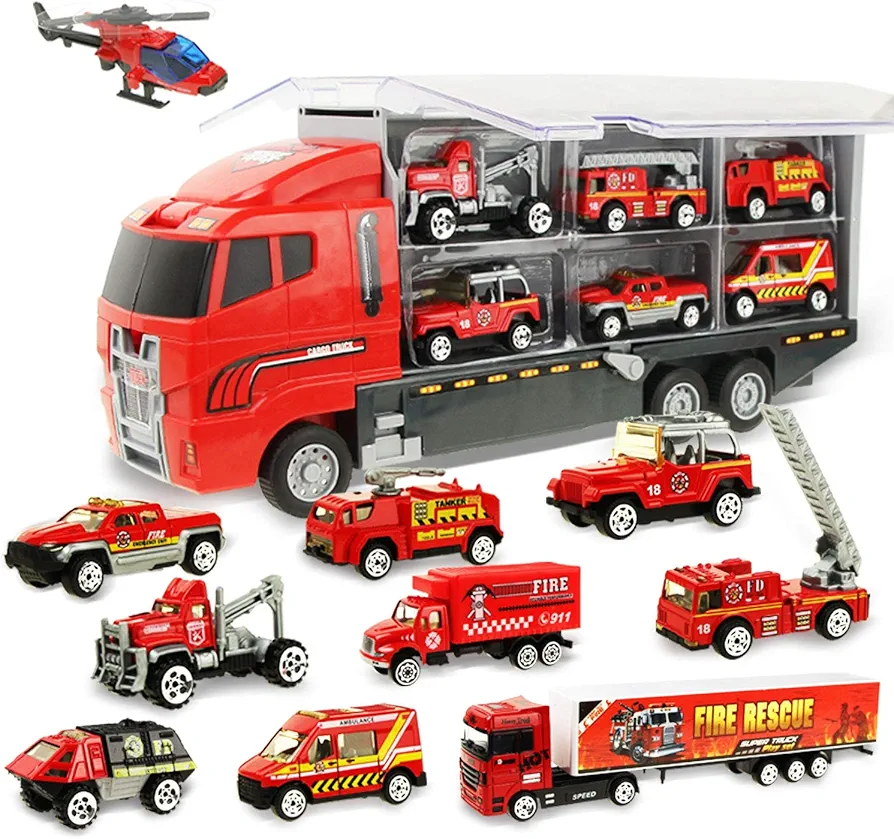 Coolplay Fire Truck Toy Set for Kids, Toy Vehicles Carrier Truck with Die-cast Cars, ​Rescue Firetruck for Boys 3-6 Years Old