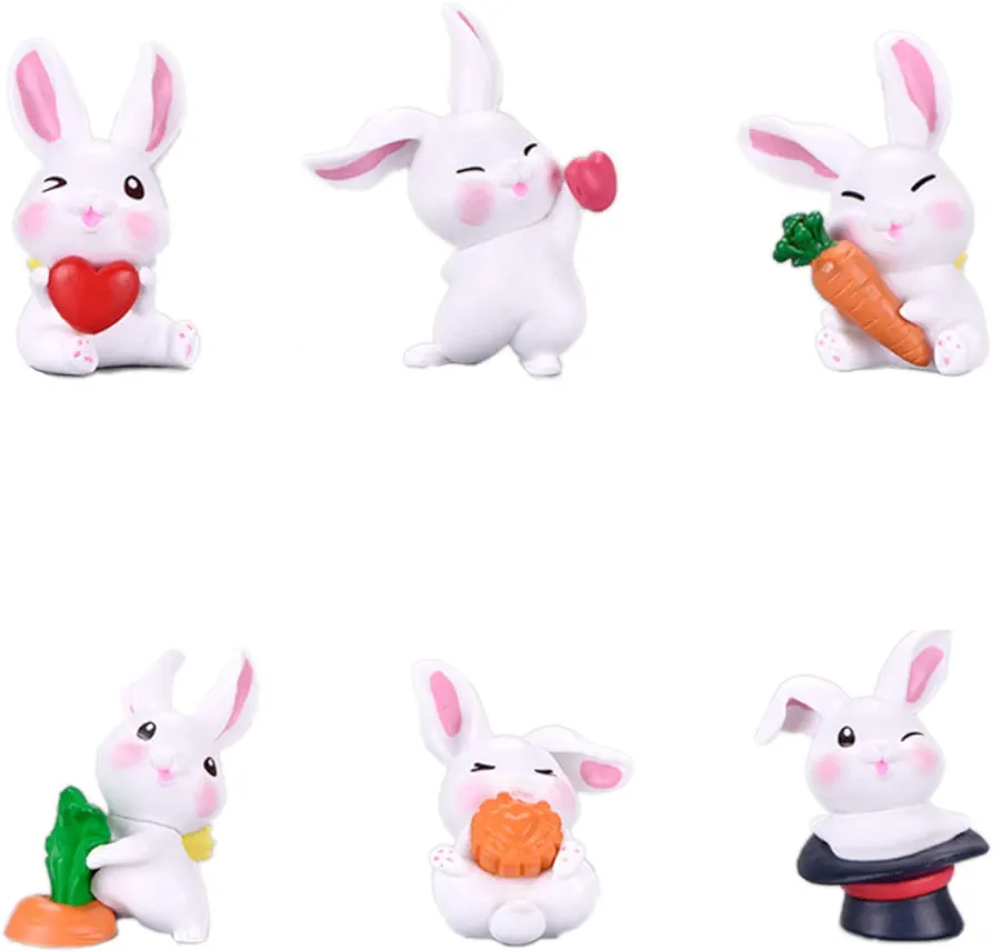 Animals Toys Statues，6pcs Mini Rabbit Doll Toy Realistic Plastic Hand-Painted Toys Set,Cake Top Hat Children Birthday Gift Party Supplies Educational Bunny Toy