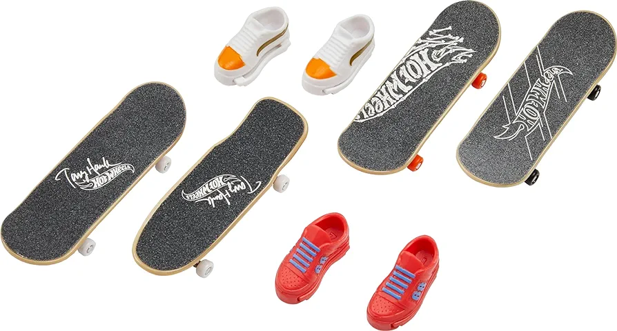 Hot Wheels Skate Tony Hawk Set of 4 Fingerboards & 2 Pairs of Removable Skate Shoes, Tricked Out Pack of Fully Assembled Boards, 1 Exclusive Set