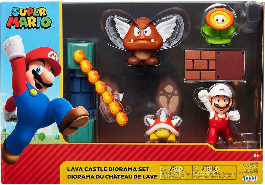 Nintendo Super Mario Lava Castle 2.5" Figure Diorama Play Set, includes: Fire Mario, Spiny, & Para Goomba, Mechanical Spinning Fireballs, Block & Fire Flower