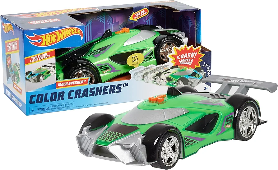 Hot Wheels Color Crashers Mach Speeder, Motorized Toy Car with Lights & Sounds, Green, Kids Toys for Ages 3 Up by Just Play