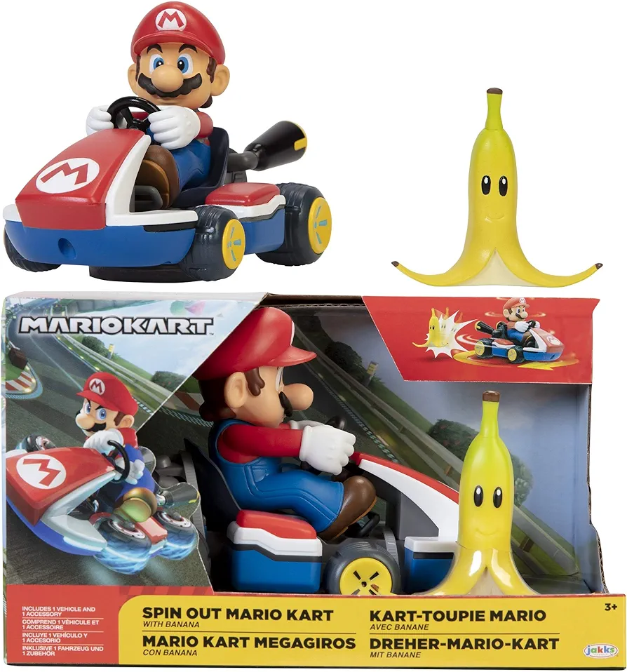 Super Mario Spin Out MarioKart Mario Racer Vehicle with 360 Spins, Wind Up and Go! includes One 2.5” Mario Action Figure