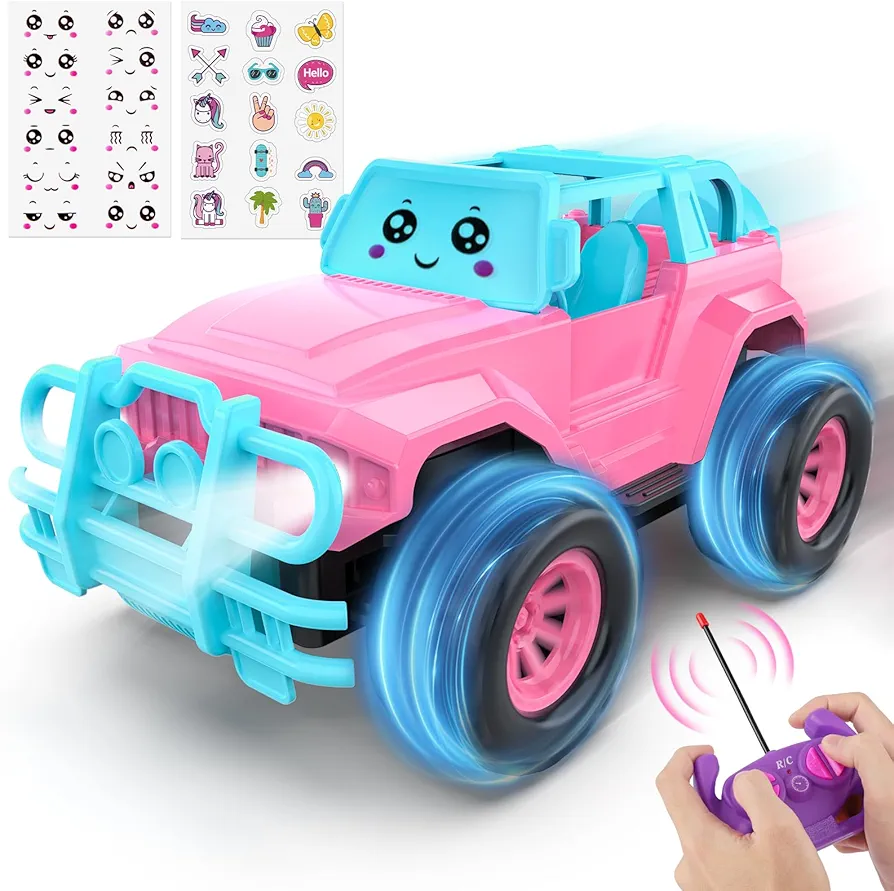 Remote Control Car for Kids Toddlers, Pink RC Cars with 2 Sets DIY Stickers, 1:20 Scale Remote Control Truck with LED Headlights, Easter Gifts for 3 4 5 6 7 8 Years Old Toddlers Girls Boys Kids