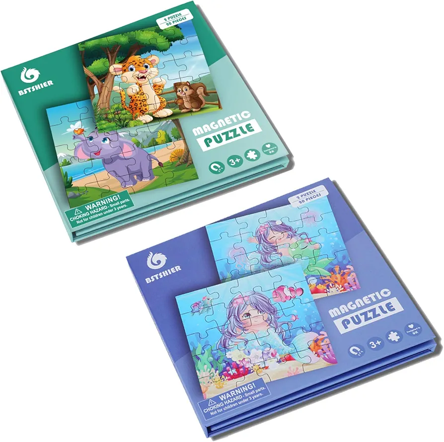 2 SET BST SHIER Magnetic Puzzles for Kids Ages 3 4 5 6, TWO-20 Piece Mermaid Animal Wooden Jigsaw Puzzles Book for Toddlers, Preschool Educational Toys for 3 4 5 6 Year olds Boys and Girls